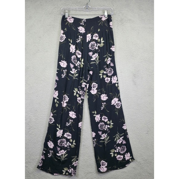 Three‎ Dots Pants Womens S Black Wide Leg Pull On High Rise Floral Gauzy Smocked - Picture 2 of 14